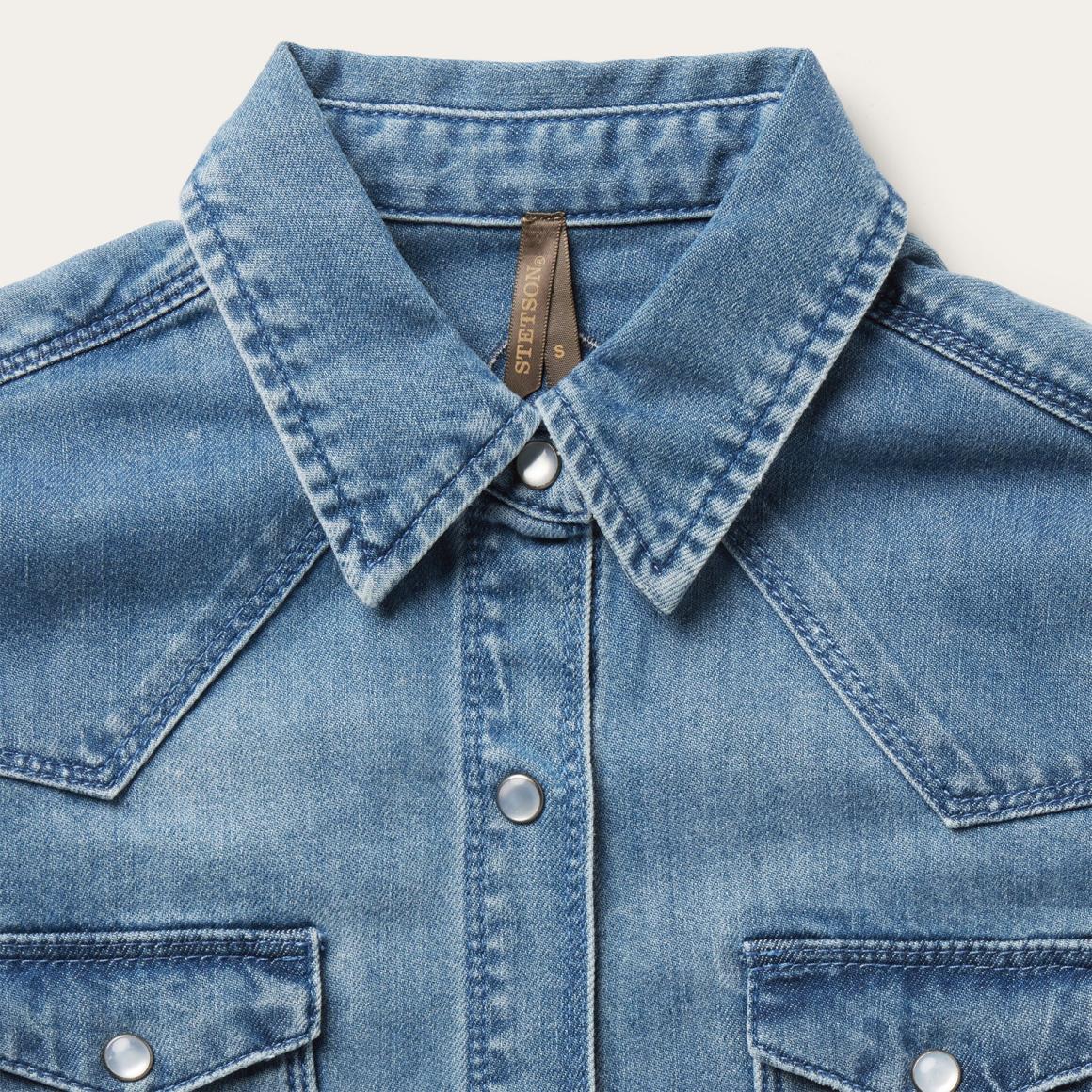 Embroidered Boyfriend Fit Denim Shirt Blue Women Stetson Denim Shirts