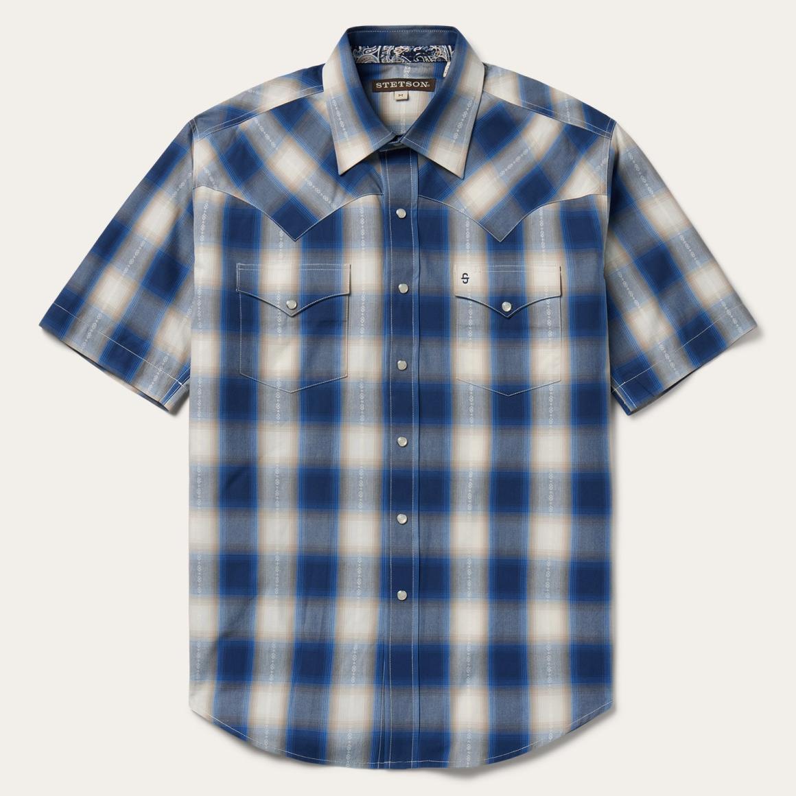 Blue Ombre Plaid Short Sleeve Western Shirt Blue Men Stetson Classic Cut