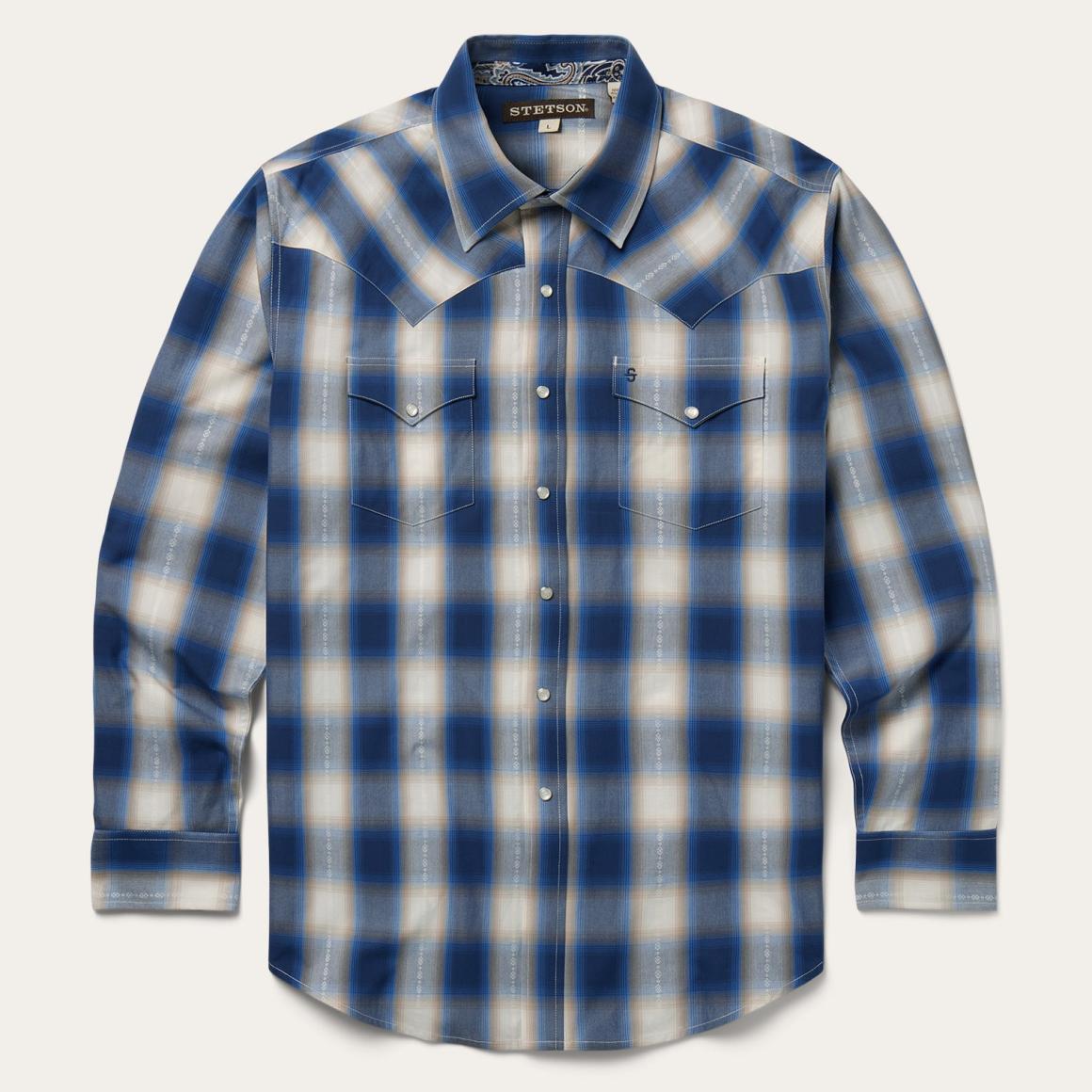 Blue Ombre Plaid Western Shirt Blue Men Stetson Classic Cut