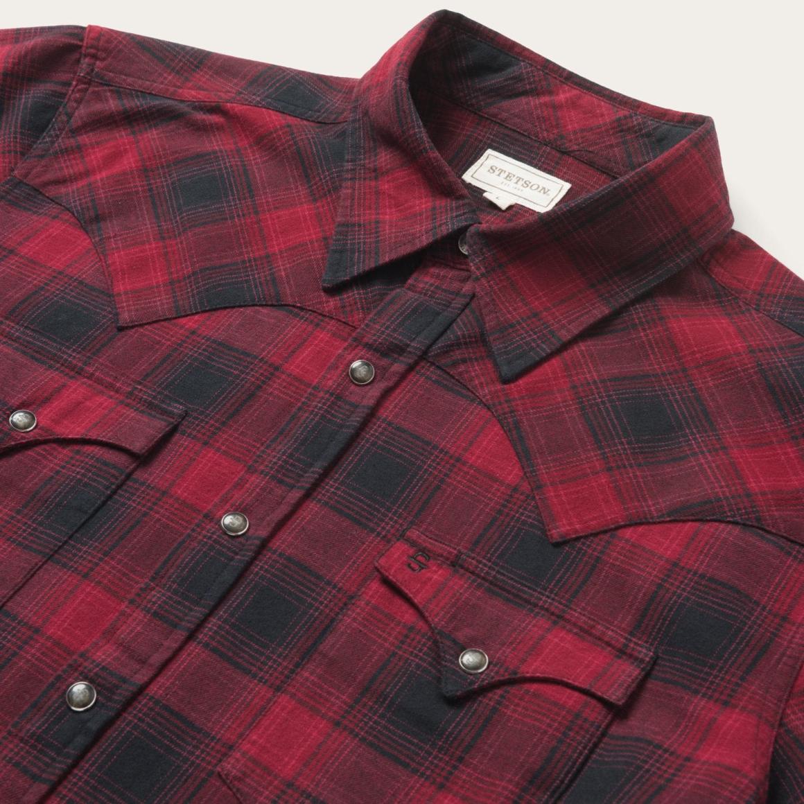 Brushed Twill Plaid Shirt Black Men Stetson Modern Cut