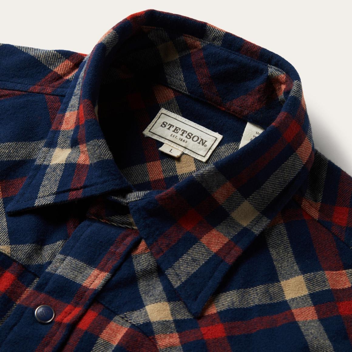 Brushed Twill Plaid Shirt Blue Men Stetson Flannel Shirts