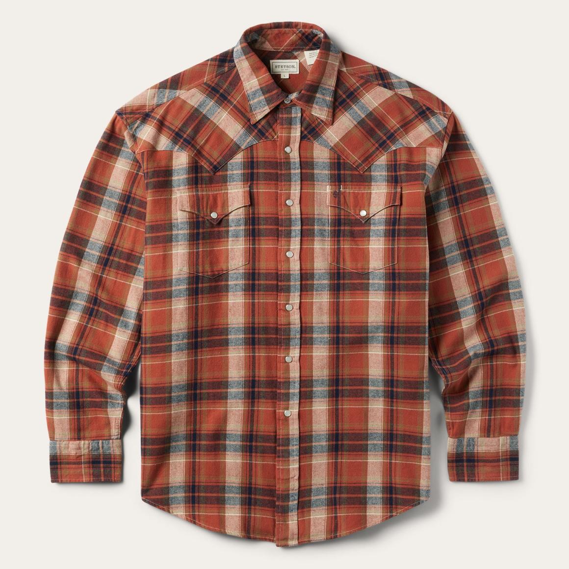 Brushed Twill Plaid Shirt Orange Men Stetson Western Shirts