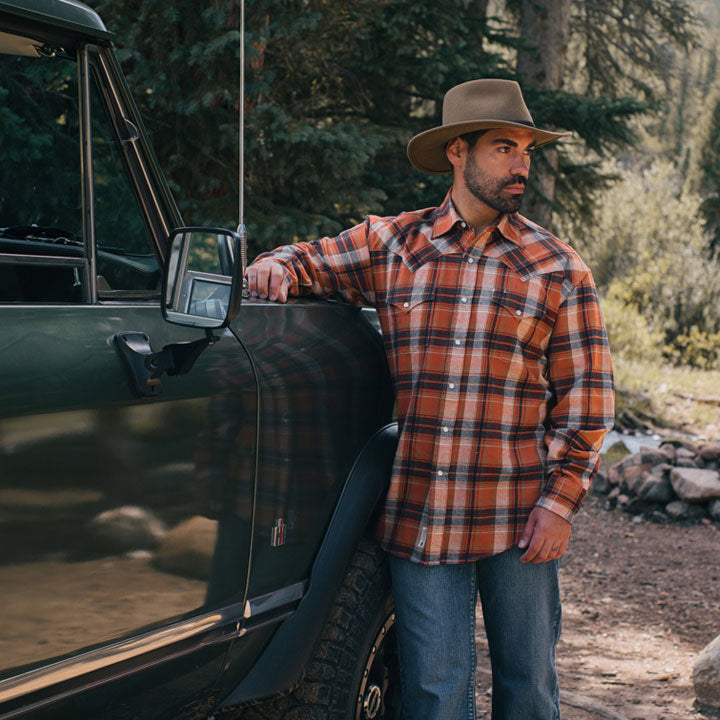 Brushed Twill Plaid Shirt Orange Men Stetson Western Shirts