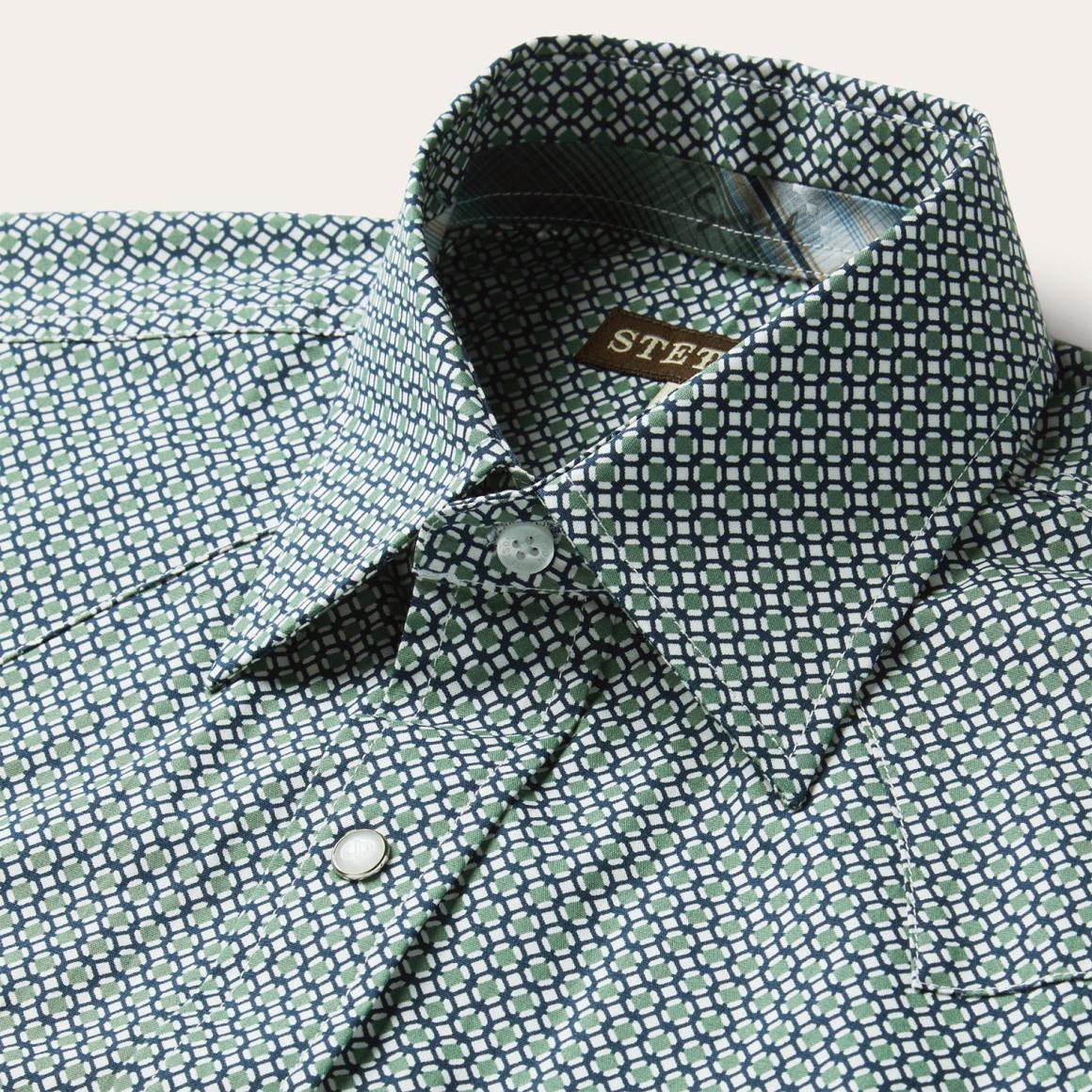 Circle Diamond Print Short Sleeve Western Shirt Green Men Stetson Classic Cut