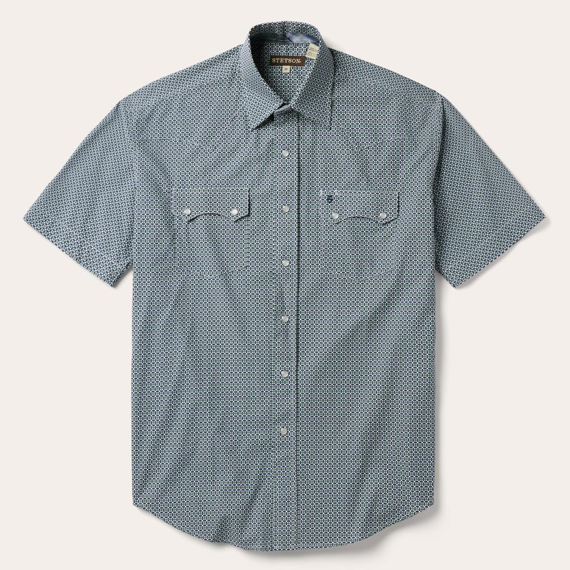 Circle Diamond Print Short Sleeve Western Shirt Green Men Stetson Western Shirts