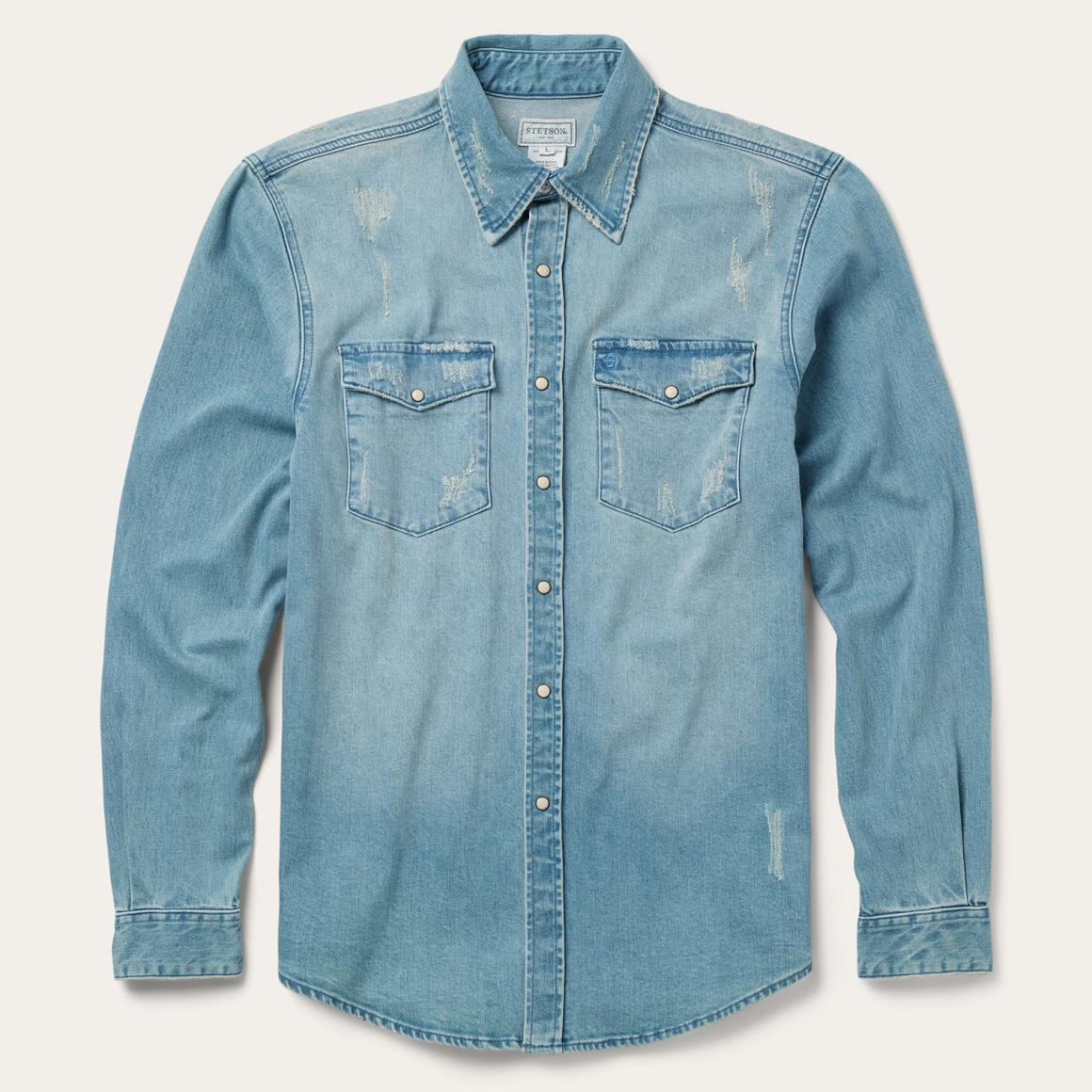 Distressed Denim Western Shirt Blue Men Stetson Denim Shirts