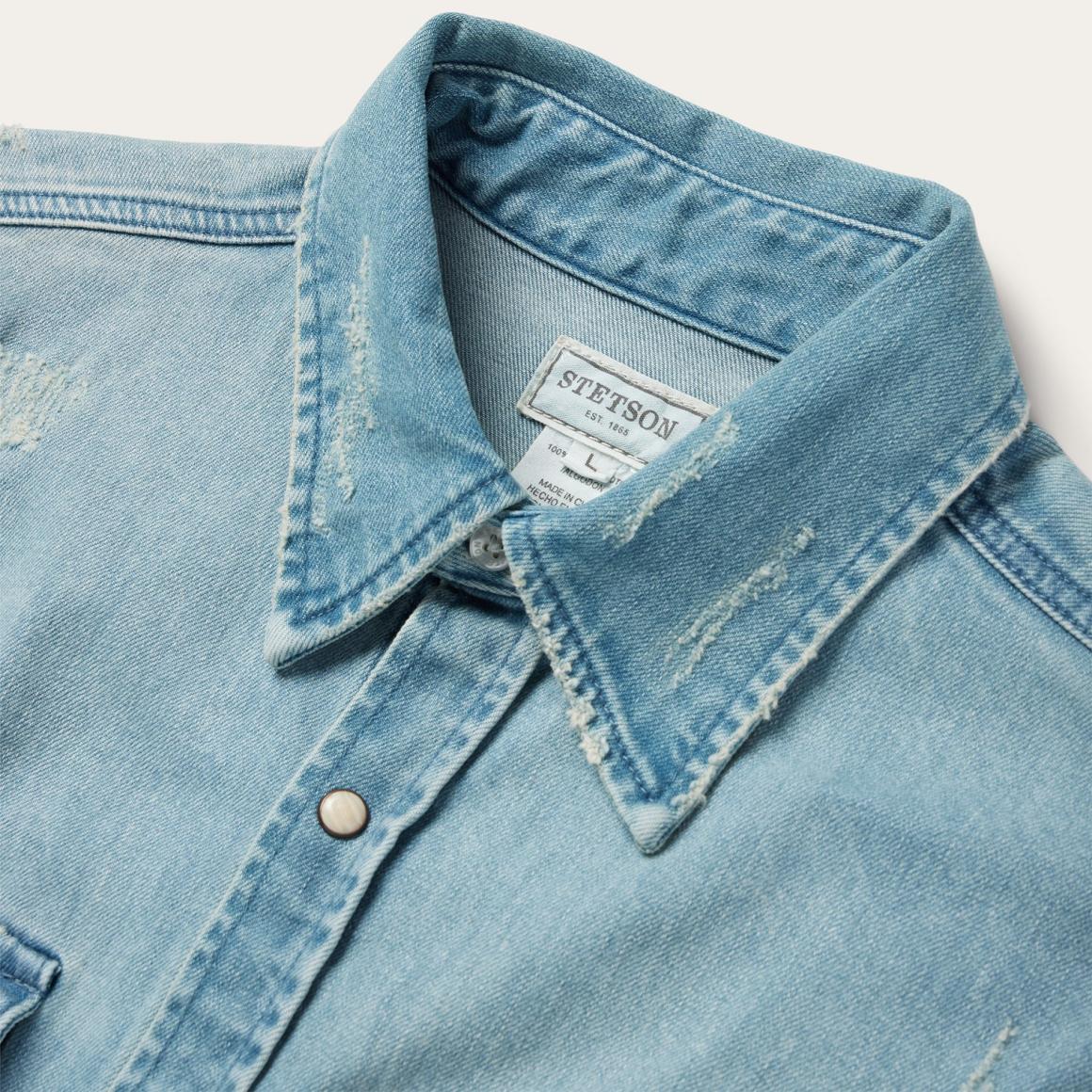 Distressed Denim Western Shirt Blue Men Stetson Denim Shirts