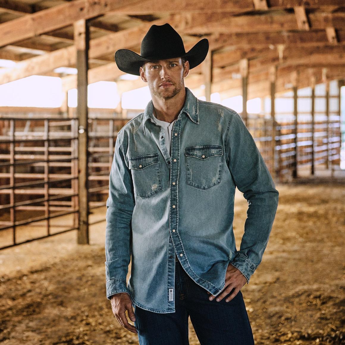 Distressed Denim Western Shirt Blue Men Stetson Western Shirts