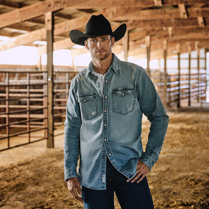 Distressed Denim Western Shirt Blue Men Stetson Western Shirts