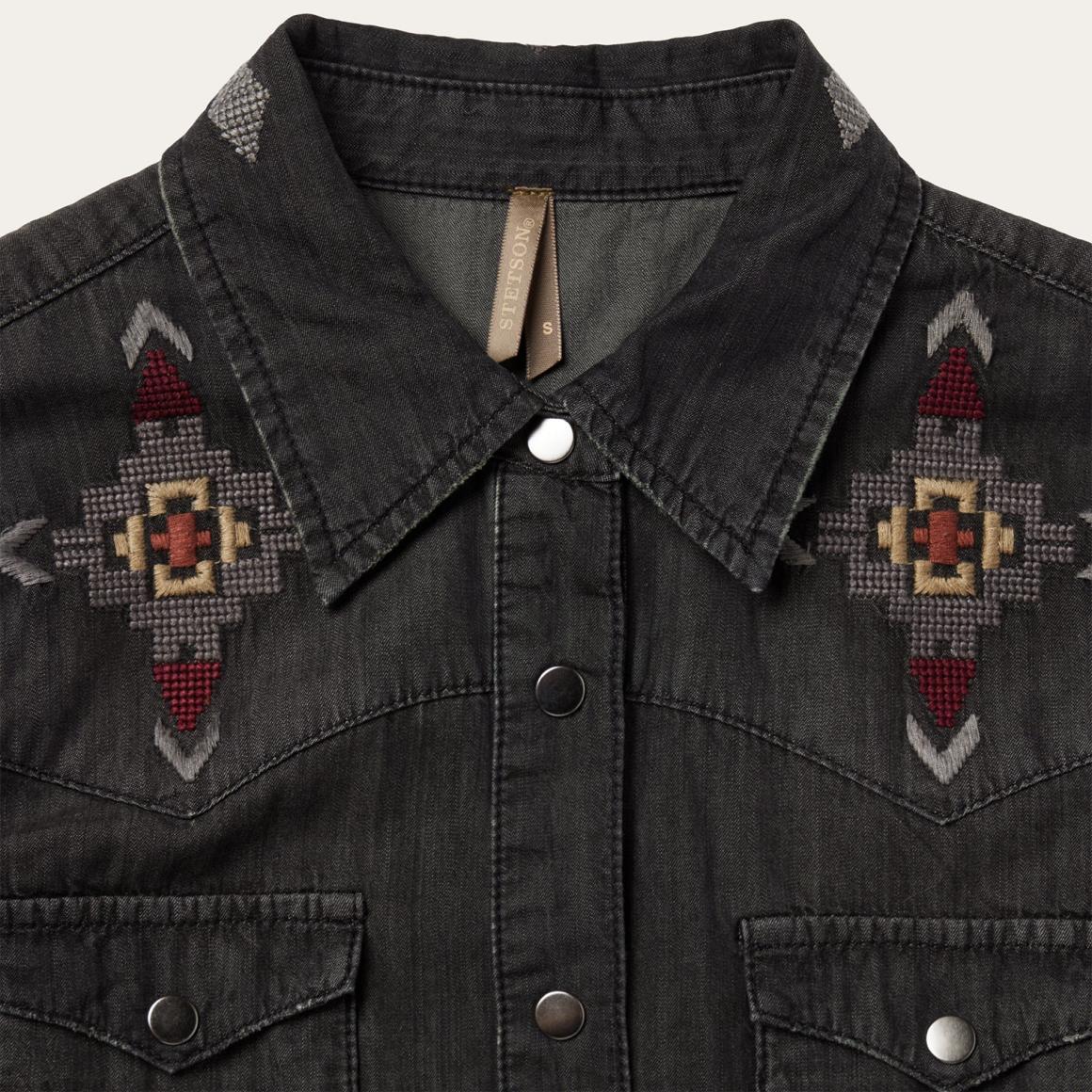 Embroidered Black Denim Shirt Dress Black Women Stetson Mini