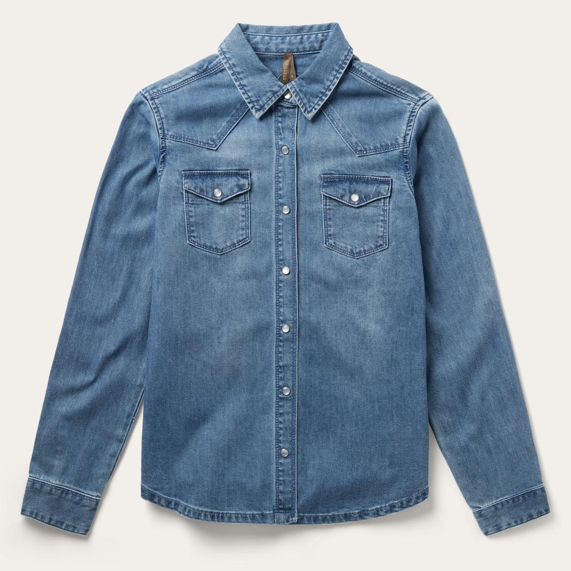 Embroidered Boyfriend Fit Denim Shirt Blue Women Stetson Denim Shirts