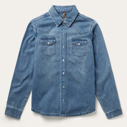 Embroidered Boyfriend Fit Denim Shirt Blue Women Stetson Denim Shirts