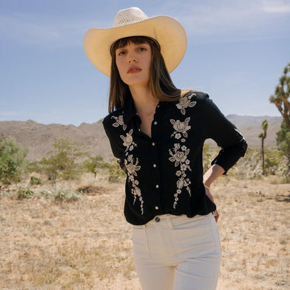 Embroidered Crepe Western Shirt Black Women Stetson Western Shirts