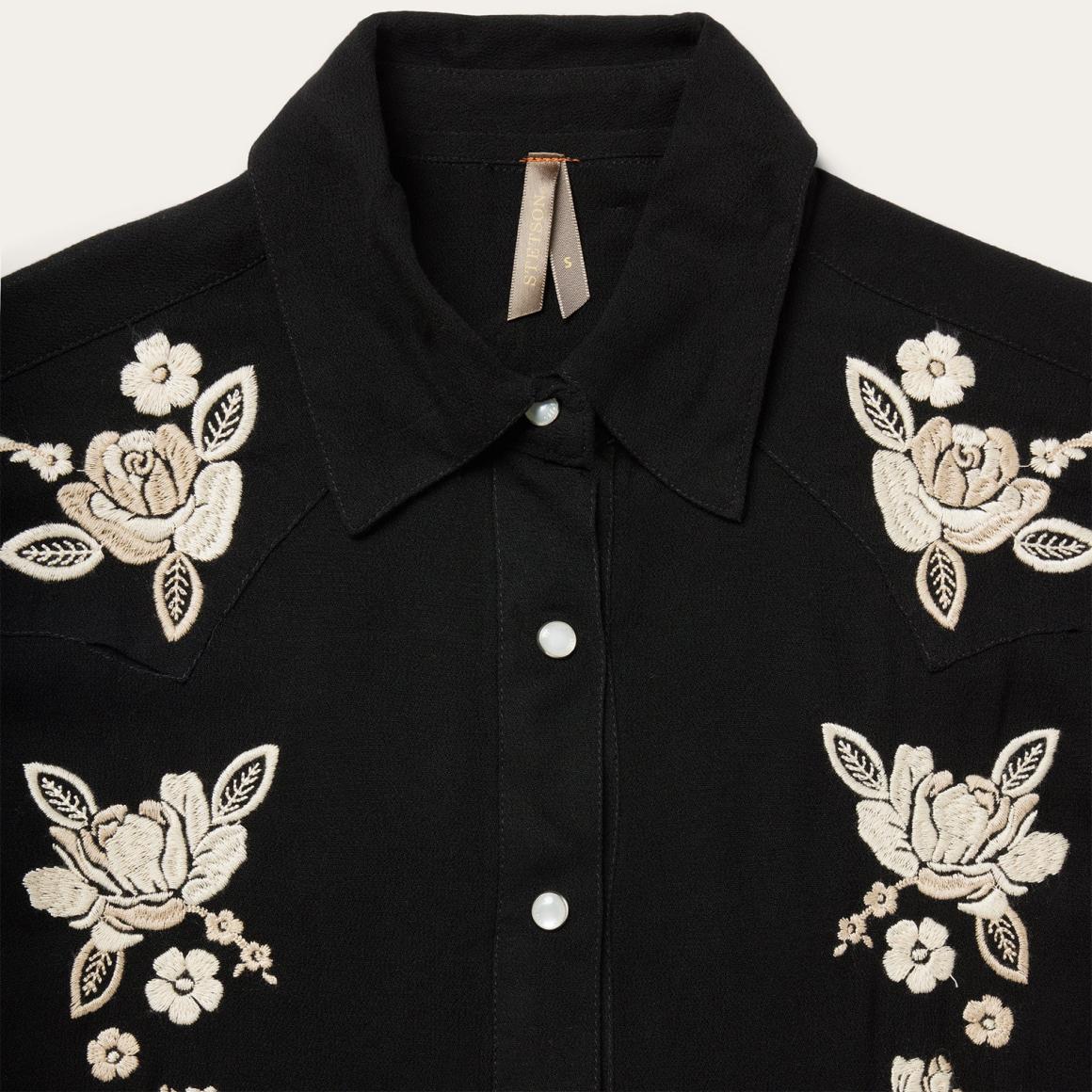 Embroidered Crepe Western Shirt Black Women Stetson Western Shirts