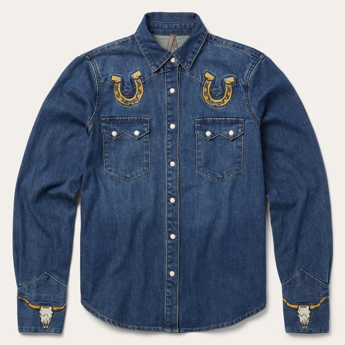 Embroidered Dark Denim Western Shirt Blue Women Stetson Denim Shirts