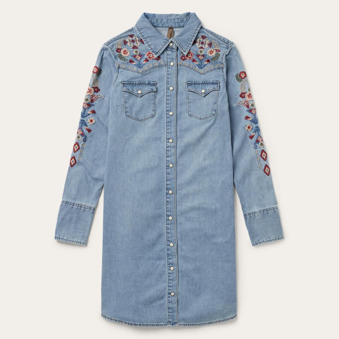 Embroidered Denim Shirt Dress Blue Women Stetson Mini