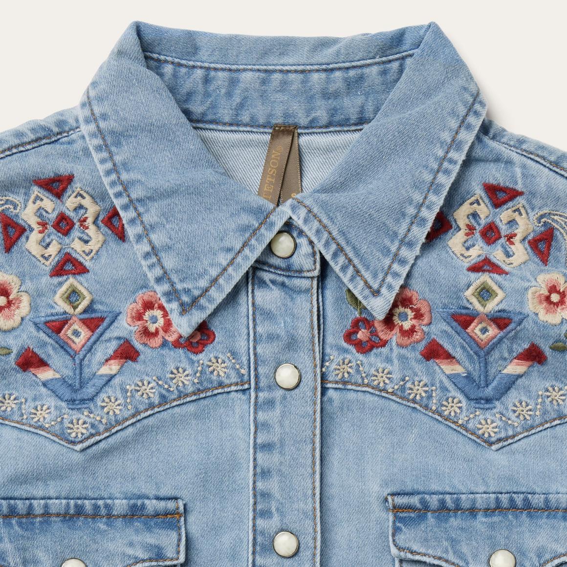 Embroidered Denim Shirt Dress Blue Women Stetson Mini