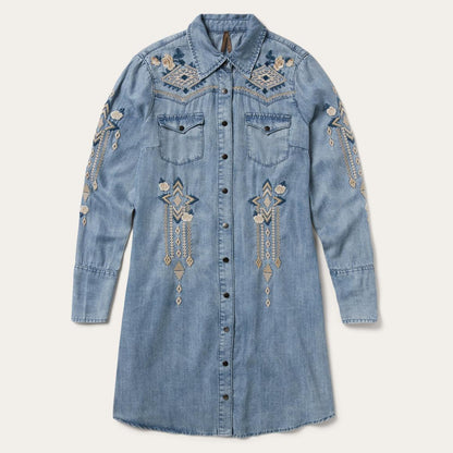 Embroidered Denim Twill Shirt Dress Blue Women Stetson Mini