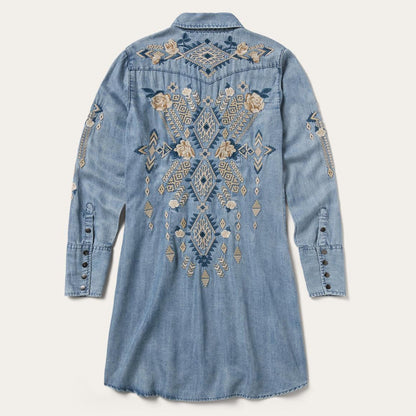 Embroidered Denim Twill Shirt Dress Blue Women Stetson Mini