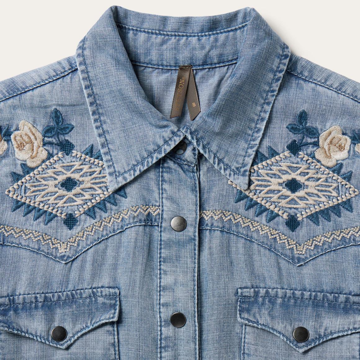 Embroidered Denim Twill Shirt Dress Blue Women Stetson Mini