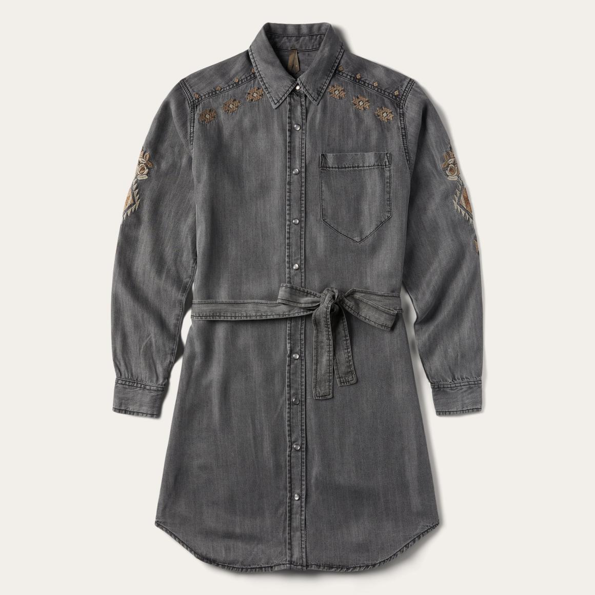 Embroidered Snap Front Shirt Dress Black Women Stetson Mini