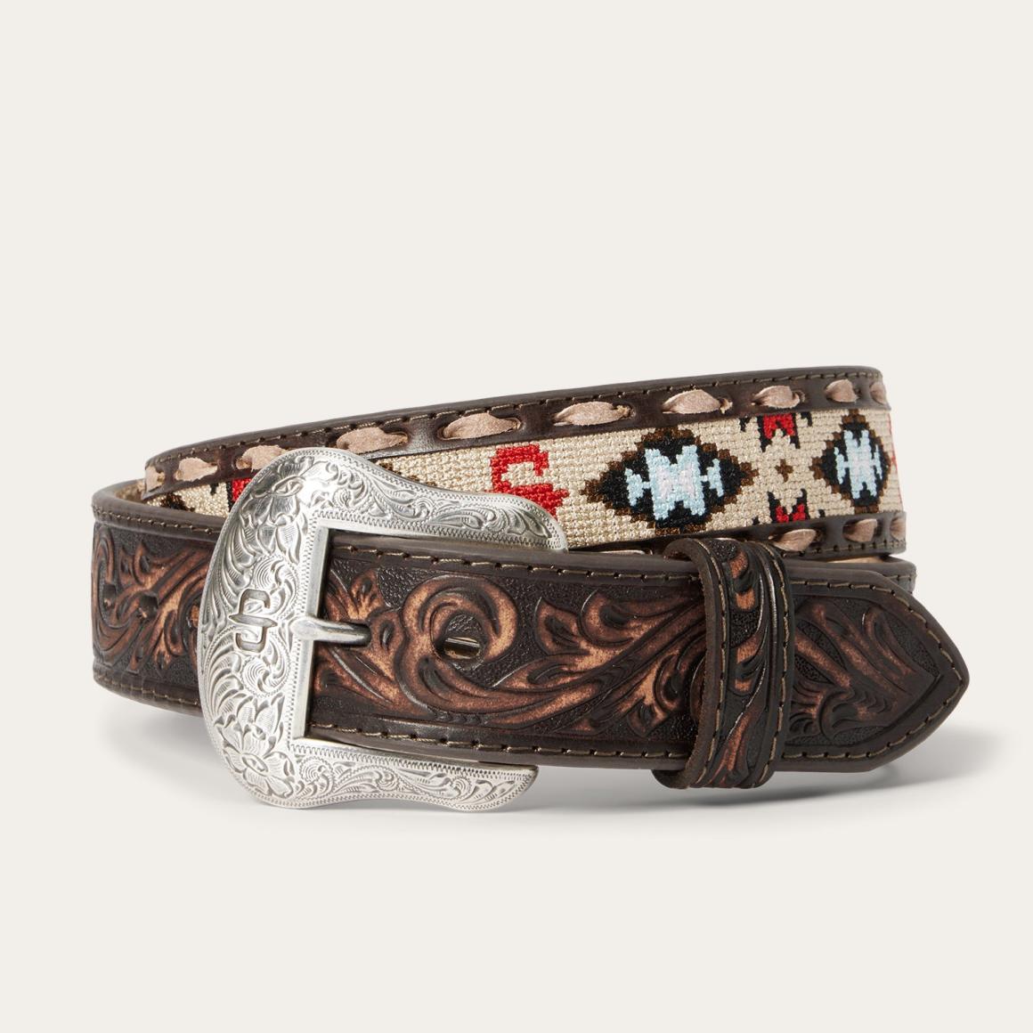 Embroidered Tooled Tab Belt Vintage Brown Men Stetson Belts