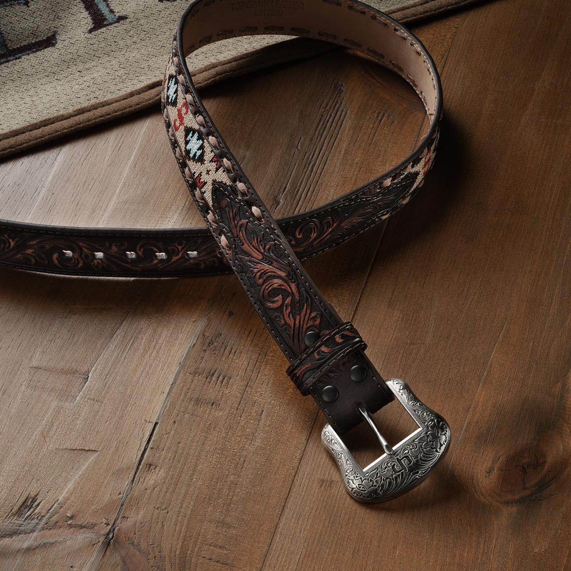 Embroidered Tooled Tab Belt Vintage Brown Men Stetson Belts