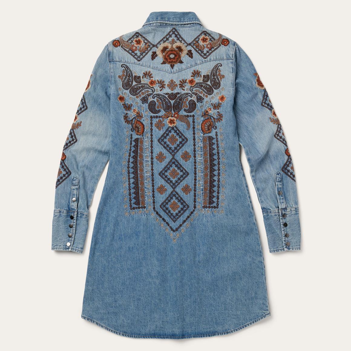 Floral Embroidered Denim Shirt Dress Blue Women Stetson Shirt Dresses