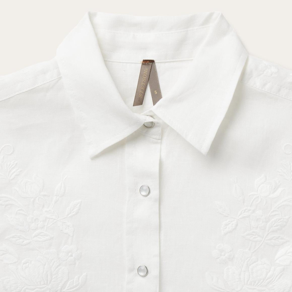 Floral Embroidered White Linen Shirt White Women Stetson Western Shirts