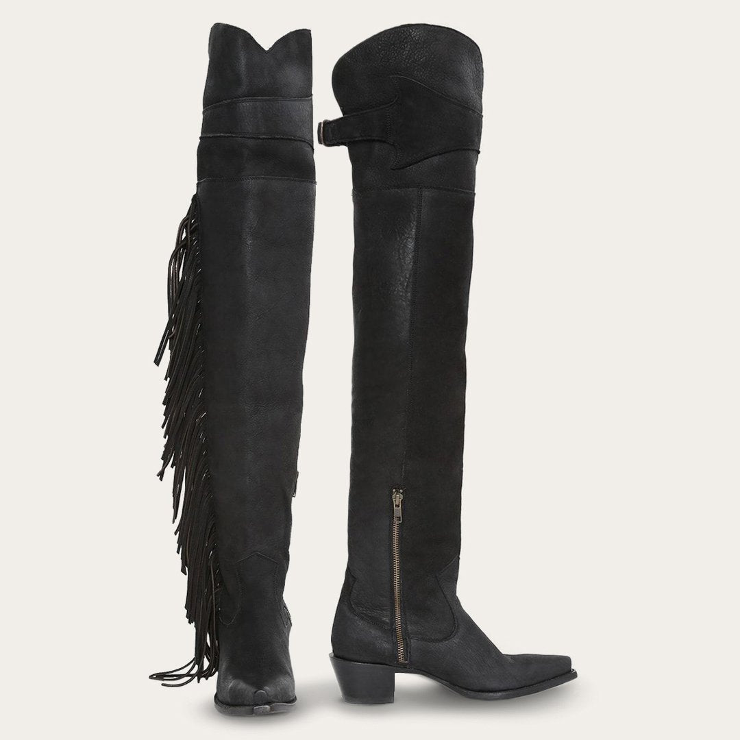 Glam Over-The-Knee Fringe Boot Black Leather Women Stetson Western