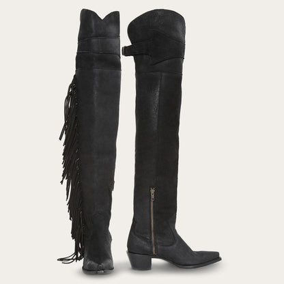 Glam Over-The-Knee Fringe Boot Black Leather Women Stetson Western