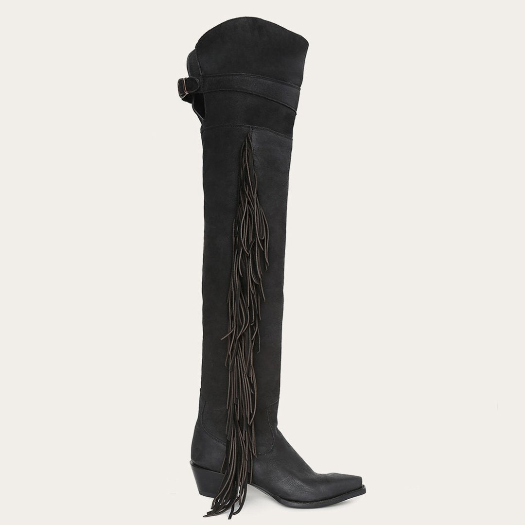 Glam Over-The-Knee Fringe Boot Black Leather Women Stetson Western