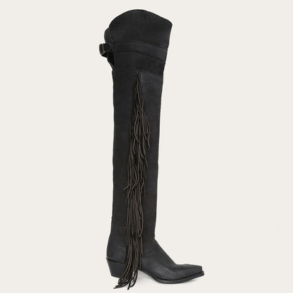 Glam Over-The-Knee Fringe Boot Black Leather Women Stetson Western