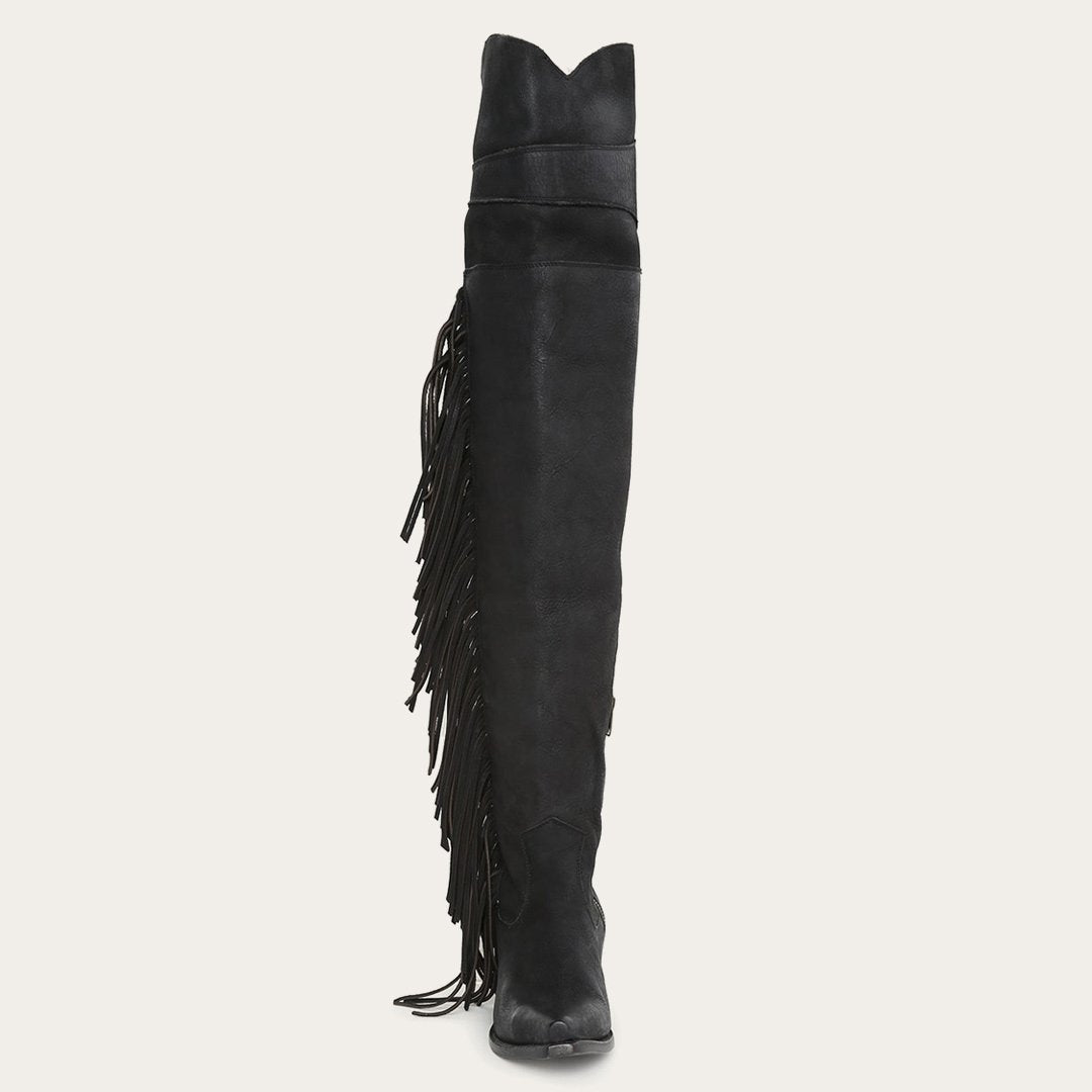 Glam Over-The-Knee Fringe Boot Black Leather Women Stetson Western