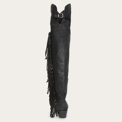 Glam Over-The-Knee Fringe Boot Black Leather Women Stetson Western