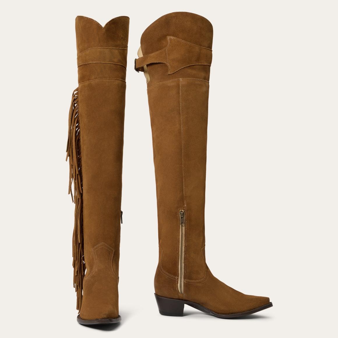 Glam Over-The-Knee Fringe Boot Tan Suede Women Stetson Western