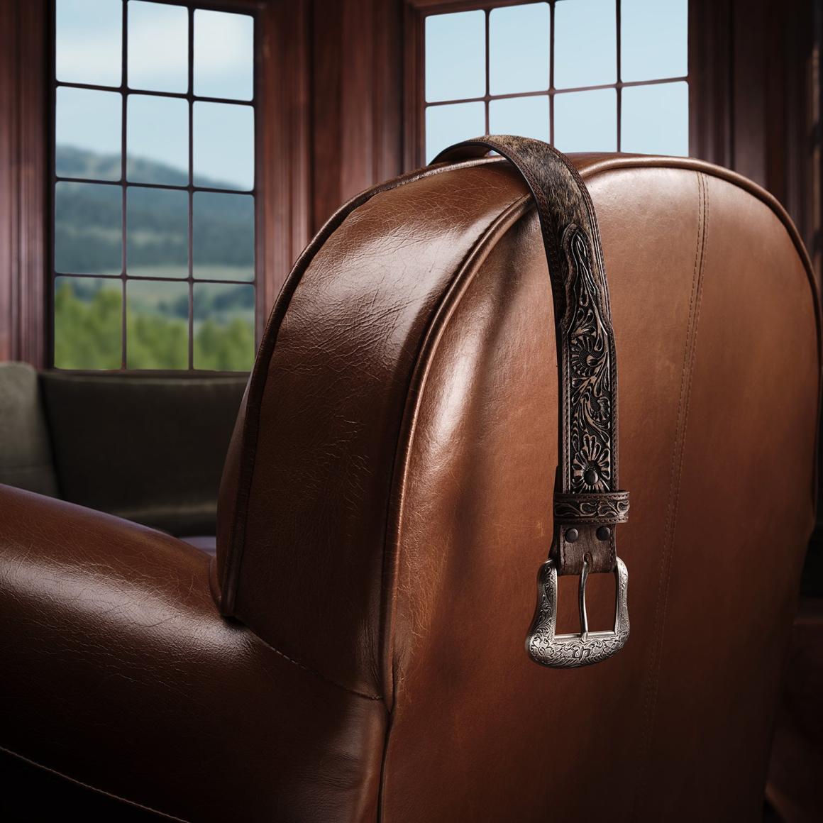 Hair-on-Hide Tooled Tab Belt Vintage/brown Men Stetson Belts