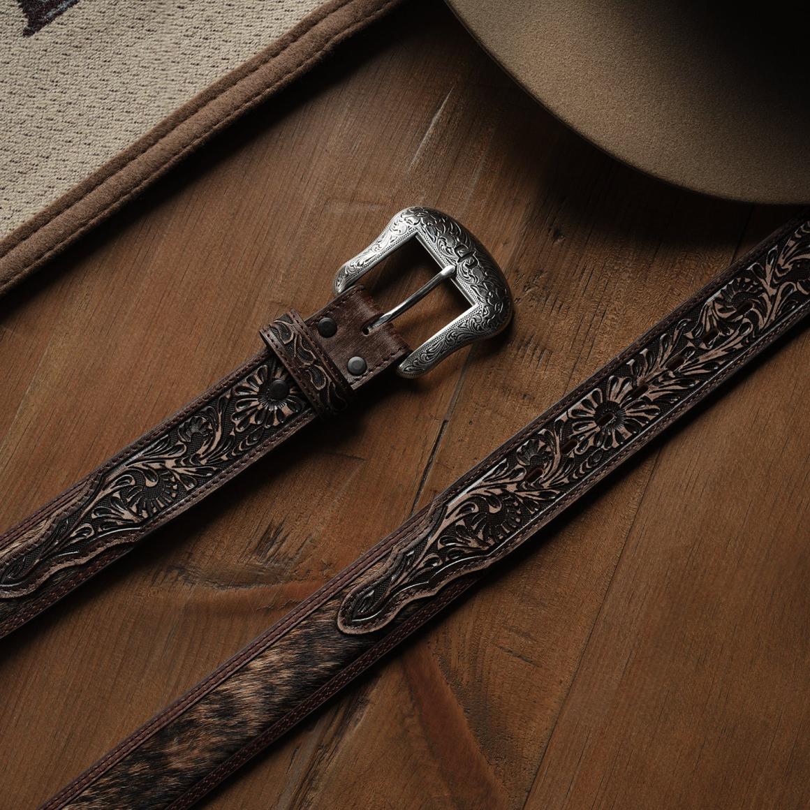 Hair-on-Hide Tooled Tab Belt Vintage/brown Men Stetson Belts