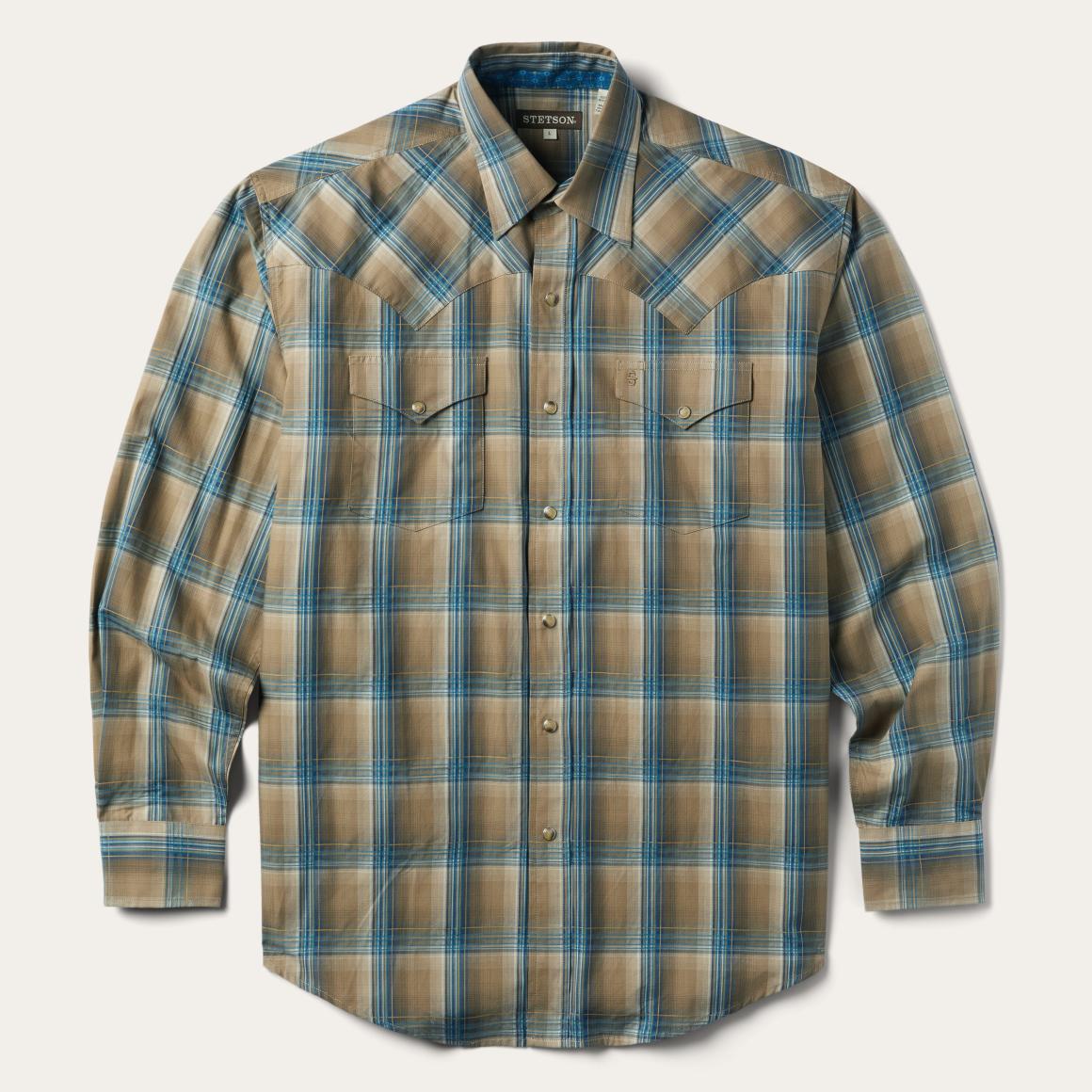 Khaki Ombre Plaid Shirt Brown Men Stetson Western Shirts