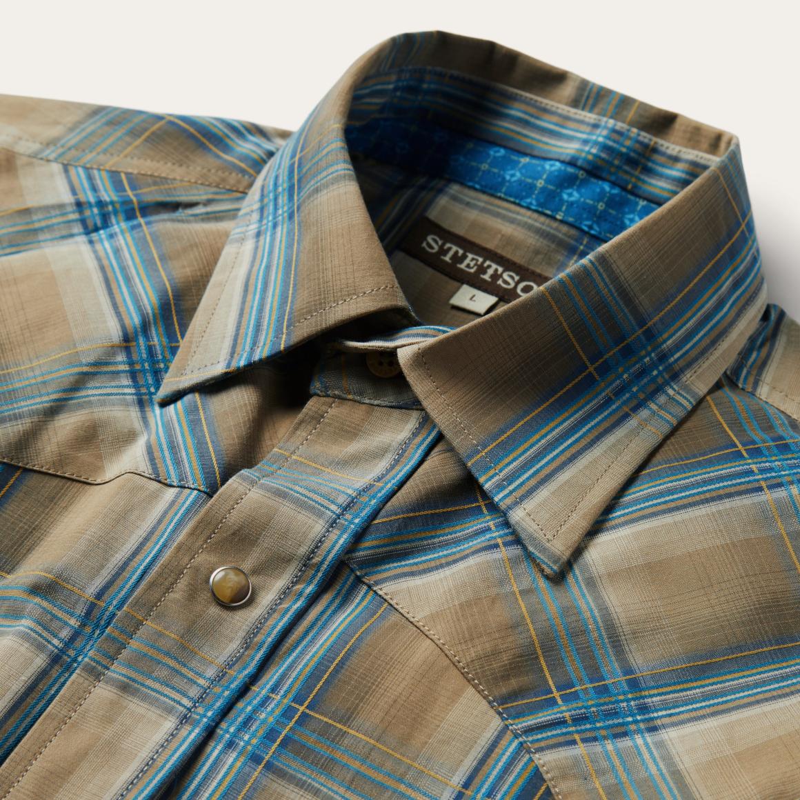 Khaki Ombre Plaid Shirt Brown Men Stetson Western Shirts