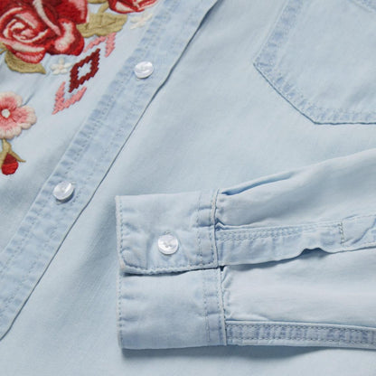Long-Sleeved Embroidered Shirt Blue Women Stetson Denim Shirts