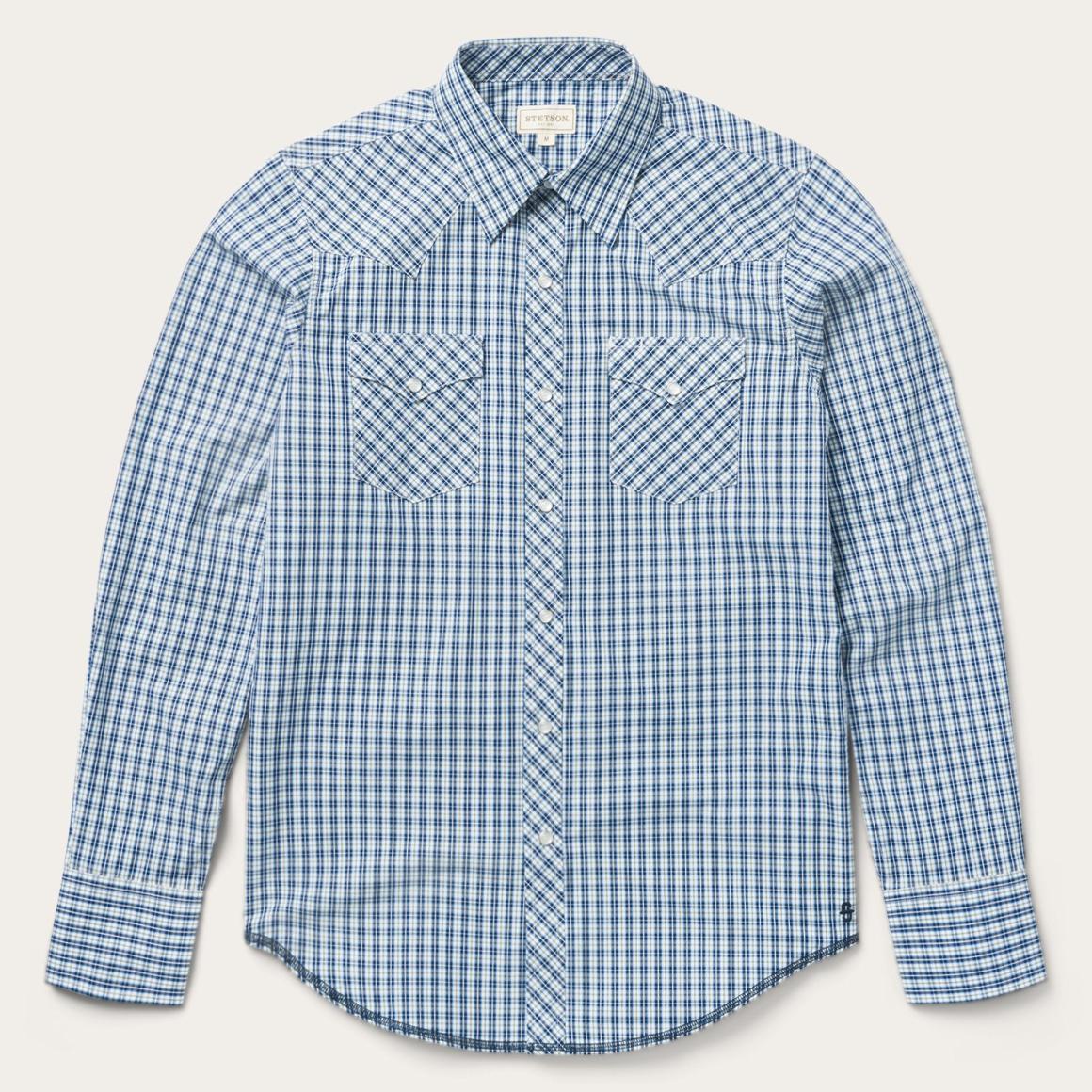Modern Snap Front Shirt In Mini Check Blue Men Stetson Modern Cut