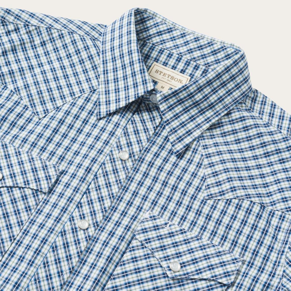 Modern Snap Front Shirt In Mini Check Blue Men Stetson Modern Cut