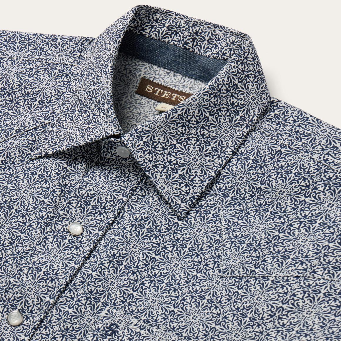 Navy Print Short Sleeve Western Shirt Blue Men Stetson Classic Cut