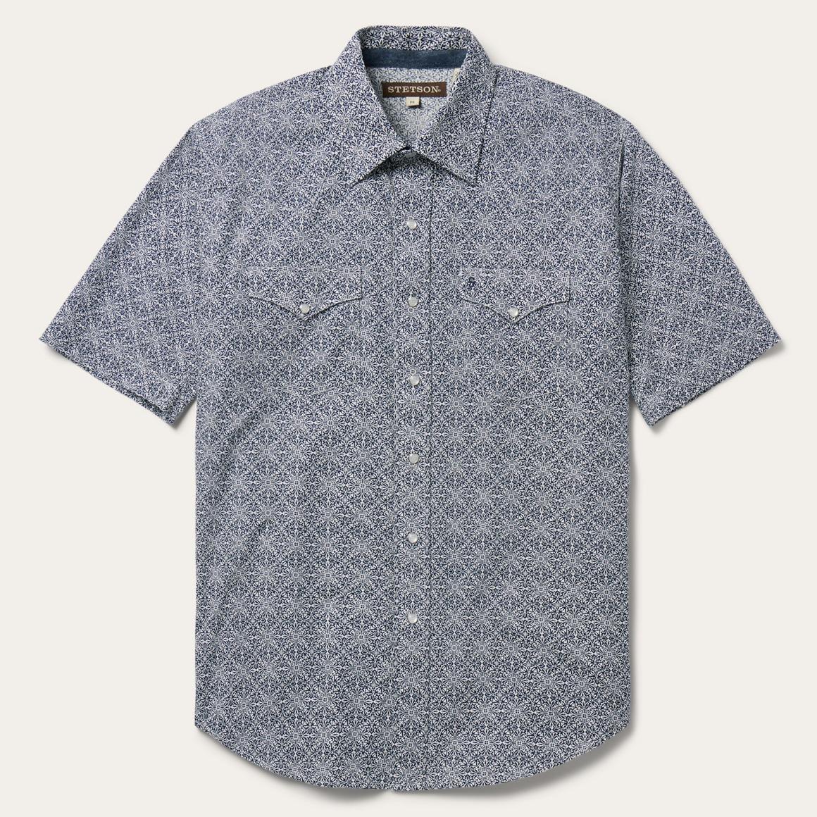 Navy Print Short Sleeve Western Shirt Blue Men Stetson Western Shirts