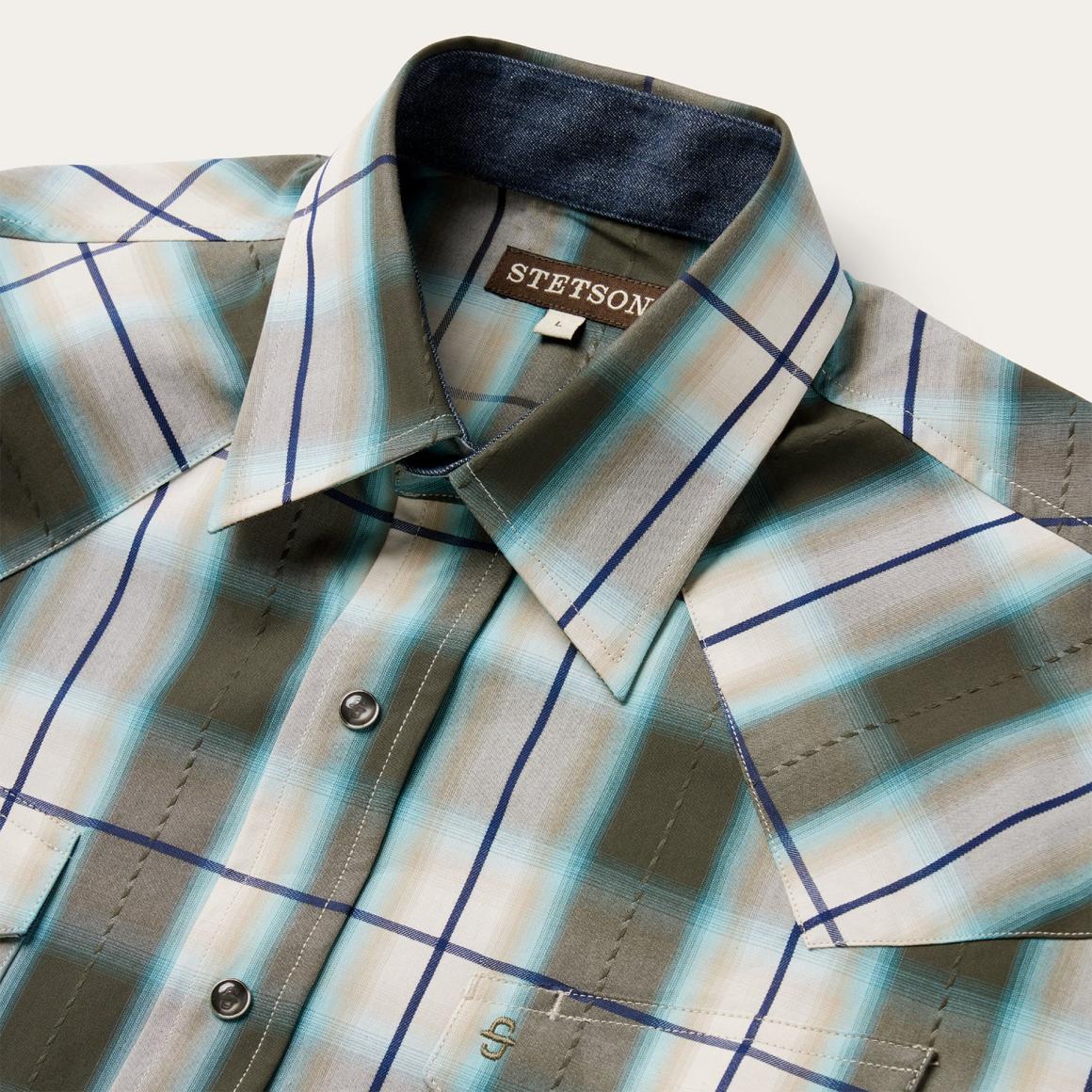 Olive Ombre Plaid Western Shirt Green Men Stetson Western Shirts