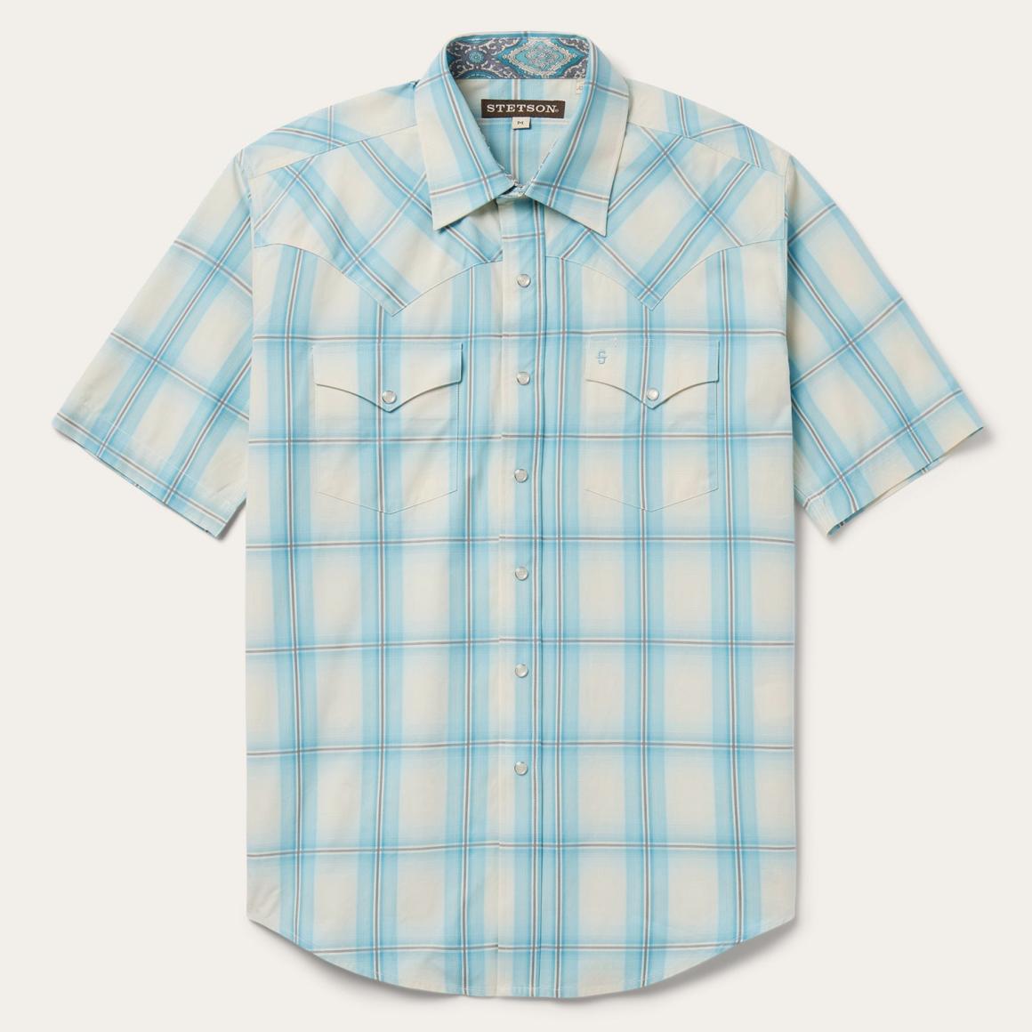 Ombre Plaid Short Sleeve Western Shirt Blue Men Stetson Western Shirts