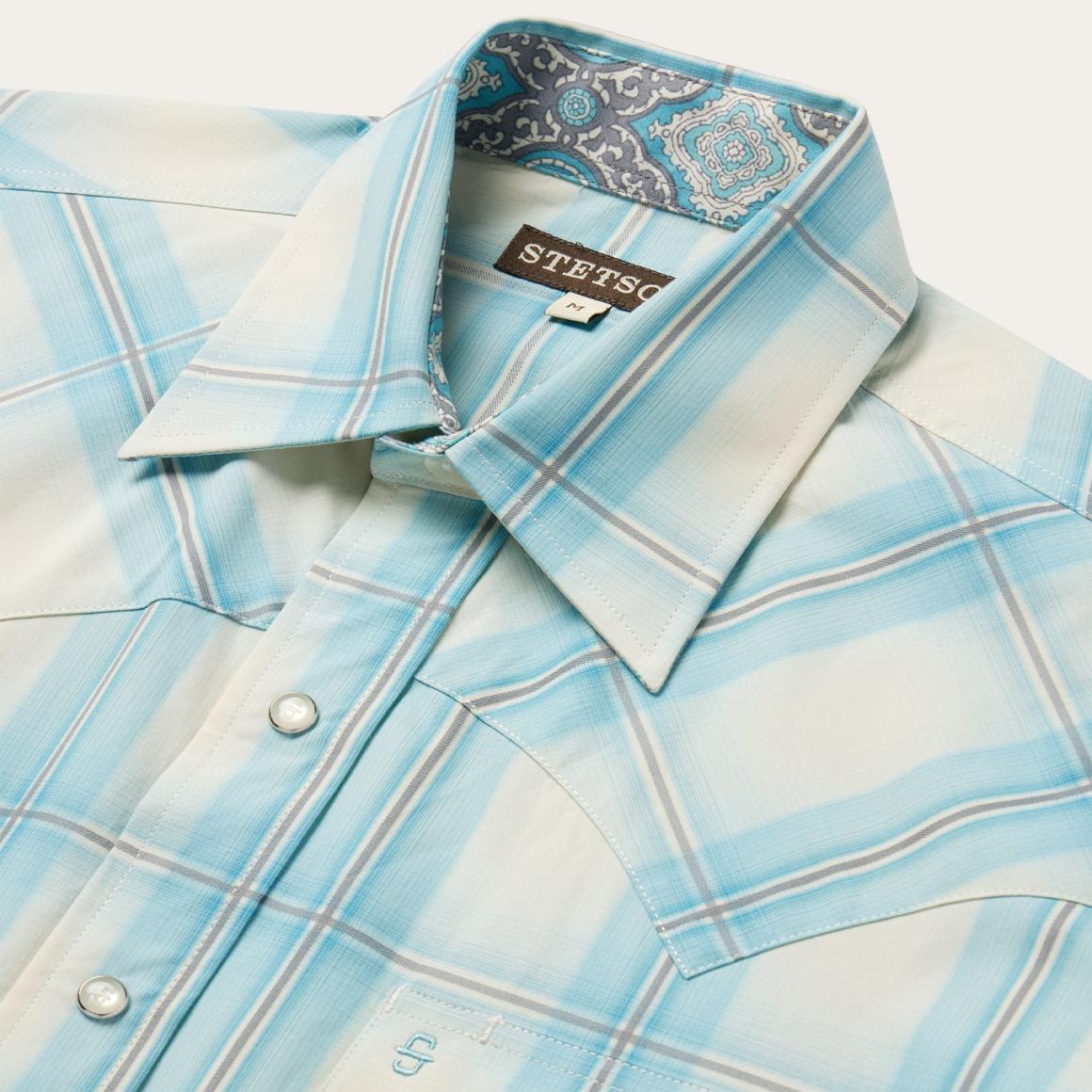 Ombre Plaid Short Sleeve Western Shirt Blue Men Stetson Western Shirts