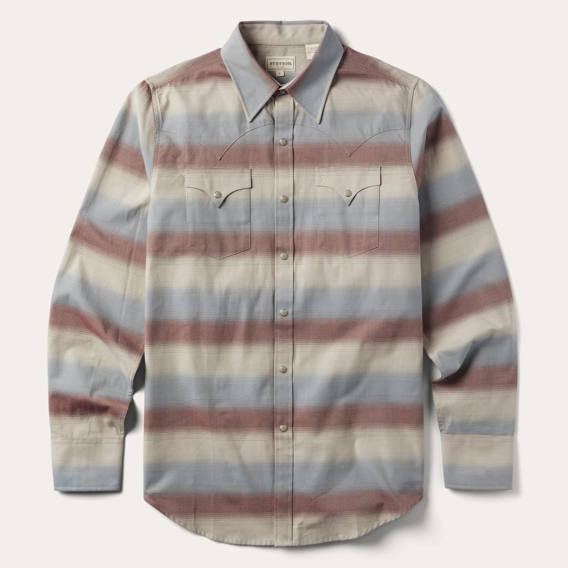 Ombre Stripe Twill Shirt Wine Men Stetson Western Shirts