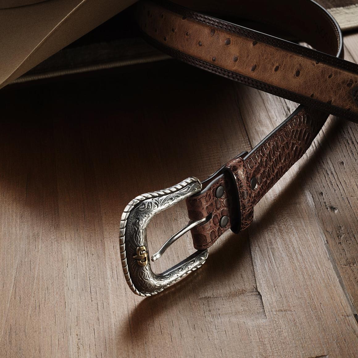 Ostrich Print Croco Embossed Western Tabs Belt Cognac/california Nut Men Stetson Belts